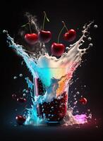 Fresh juice and smoothies with berries, fruits on dark background. photo