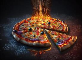 Hot tasty pizza with fire flames on dark background. Image for menu or poster. photo