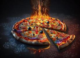 Hot tasty pizza with fire flames on dark background. Image for menu or poster. AI Generative photo