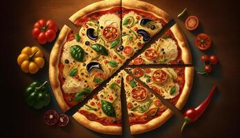Hot tasty pizza with fire flames on dark background. Image for menu or poster. photo
