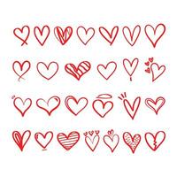 Hand drawn rough heart marker, set of red hand drawn hearts isolated on white background. Vector illustration.