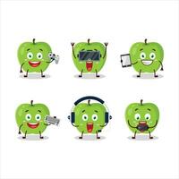 New green apple cartoon character are playing games with various cute emoticons vector