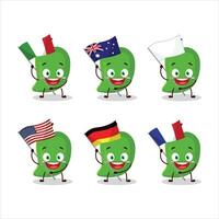 verde mango dibujos animados personaje traer el banderas de varios países vector