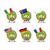 Slice of kiwi cartoon character bring the flags of various countries vector
