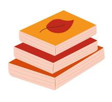 Stack of books with autumn leaf on white background. Autumn reading. Cozy fall. Vector flat illustration.