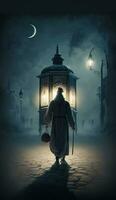 Muslim man and arabic lantern, crescent moon on dark sky, Ramadan background, copy space. Generative AI photo