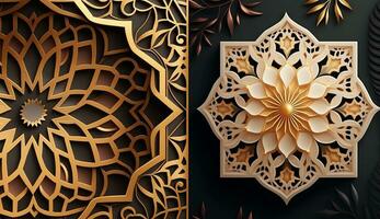 3d render mosque element in ornate arabic, Islamic architecture style interior. White, golden colors, stars Ramadan Kareem. Muslim community festival. Generative AI photo