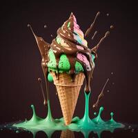 Melting ice cream cone. photo