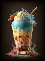 Fresh juice and smoothies with berries, fruits on dark background. AI Generative photo