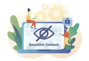 Eye crossed sign on laptop screen. Sensitive content concept. Explicit content in social media, website, photos, pictures and video. Hide view. Modern flat cartoon style. Vector illustration