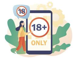 18 restriction sign on smartphone screen. Adult only. Age limit symbol. Prohibition sign for people under eighteen years of age. Modern flat cartoon style. Vector illustration on white background