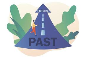 Past and future concept. Choice between past and future metaphor. Tiny man moving forward. Business alternative. Modern flat cartoon style. Vector illustration on white background