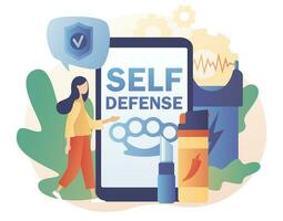 Self defense smartphone app. Electric shock, pepper spray, brass knuckle, knife. Tiny woman arming against bandits and hooligans. Modern flat cartoon style. Vector illustration on white background