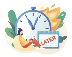 Procrastination concept. Tiny woman procrastinating instead of working. Do it later. Unprofitable time spending, useless pastime. Lazy, unproductive. Modern flat cartoon style. Vector illustration