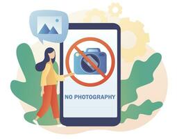 Red sign No camera on smartphone screen. No photography icon. No pictures. Modern flat cartoon style. Vector illustration on white background