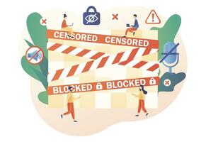 Censored info concept. Warning tapes with censorship label. Censure pixelation effect and blur. Sensitive content. Modern flat cartoon style. Vector illustration on white background