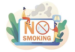 No smoking. Crossed out sign with cigarette on laptop screen. Rejection of nicotine, stop smoke, healthy habits. Modern flat cartoon style. Vector illustration on white background