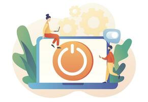 On Off button on laptop screen. Characters turning off and turning on devices. Tiny people press switch. Save energy concept. Modern flat cartoon style. Vector illustration on white background