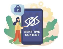 Eye crossed sign on smartphone screen. Sensitive content concept. Explicit content in social media, website, photos, pictures and video. Hide view. Modern flat cartoon style. Vector illustration