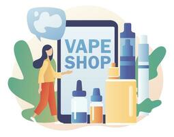 Vape Shop online. Alternative smoking device. Electronic cigarette products. Vaping concept. Analog nicotine intake. Dangerous addiction. Modern flat cartoon style. Vector illustration