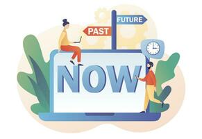 Past, future, now concept. Move forward metaphor. Tiny man choice between past and future. Business alternative. Modern flat cartoon style. Vector illustration on white background