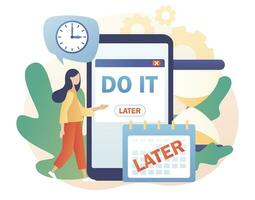 Do it later. Tiny woman procrastinating instead of working. Procrastination concept. Unprofitable time spending, useless pastime. Lazy, unproductive. Modern flat cartoon style. Vector illustration