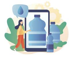 botellas con limpiar agua. agua entrega Servicio teléfono inteligente aplicación suministrar, envío. moderno plano dibujos animados estilo. vector ilustración en blanco antecedentes