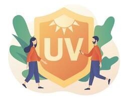 Tiny people with SPF shield. UV protection concept. Modern flat cartoon style. Vector illustration on white background