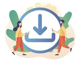 Download concept. Install sign. Load symbol. Tiny people downloading data, files. Modern flat cartoon style. Vector illustration on white background