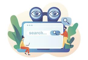 Tiny people browsing online information, surfing internet with binocular, magnifying glass on laptop screen. Search bar. SEO concept. Modern flat cartoon style. Vector illustration on white background