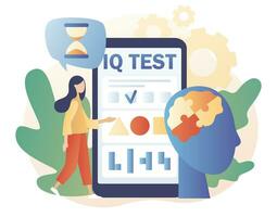 IQ test. Tiny woman determine cognitive abilities in smartphone app. Intelligence Quotient. Modern flat cartoon style. Vector illustration on white background