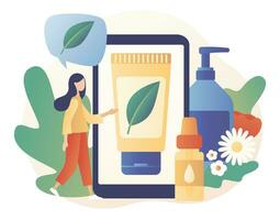 Natural organic cosmetic products in bottles, jars, tubes for skincare and hair care on smartphone screen. Organic cosmetics concept. Modern flat cartoon style. Vector illustration on white background