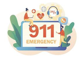 911 emergencia llamada en web sitio. asistente gerente en línea. ambulancia servicio. línea directa llamada centro. moderno plano dibujos animados estilo. vector ilustración en blanco antecedentes