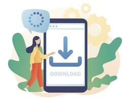 Download concept. Install symbol. Tiny woman downloading data, files on smartphone app. Load sign. Modern flat cartoon style. Vector illustration on white background