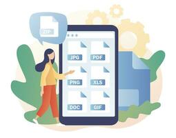 Various file formats in smartphone. File type jpg, pdf, doc, zip, gif, xls, png. Extension of electronic documents. Modern flat cartoon style. Vector illustration on white background