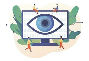 Computer vision. Neuro vision on monitor. Video surveillance system, augmented reality systems. Artificial intelligence concept. Modern flat cartoon style. Vector illustration on white background