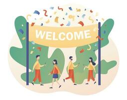 Welcome concept. Friendly team happy to new team member. Event, celebrate, meeting, greeting. Modern flat cartoon style. Vector illustration on white background