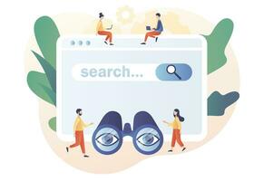 Search web page. SEO concept. Tiny people browsing online information, surfing internet with binocular. Modern flat cartoon style. Vector illustration on white background