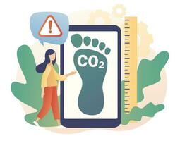 Co2 emission environmental impact concept. Tiny woman measure huge carbon footprint pollution. Dangerous dioxide effect on planet ecosystem. Modern flat cartoon style. Vector illustration