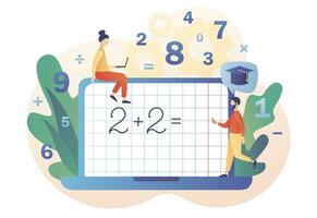 Mathematic class. Arithmetic symbols on laptop screen. Tiny people learning math. Education and knowledge concept. Modern flat cartoon style. Vector illustration on white background