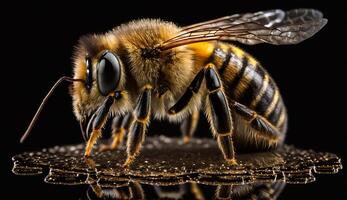 Honey Bee on dark background, Close Up Macro. AI Generative photo