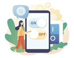 On Off button on smartphone screen. Characters turning off and turning on devices. Tiny woman press switch. Save energy concept. Modern flat cartoon style. Vector illustration on white background