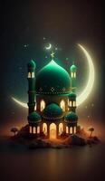 Mosque in the clouds with crescent moon. AI Generative photo