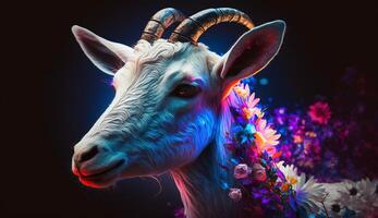 Muslim holiday Eid al-Adha, sacrifice of animal neon effect and colorful flowers. AI Generative photo