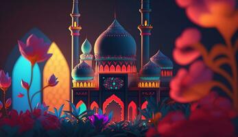 Colorful illustration art of mosque in the sky, detailed architecture with neon glowing, fantasy art, AI Generative photo
