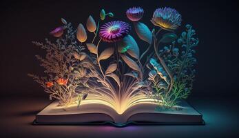 Book with flowers neon glow, concept of knowledge and education created with generative AI photo