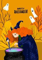 Happy Halloween poster with witch cooking potion in the cauldron, autumn forest, ghosts, chalk lettering vector