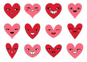 mano dibujado corazón caracteres con gracioso caras emoticono enamorado día símbolo. vector