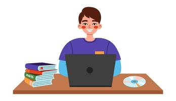 Cute school boy sitting at desk and using laptop on computer science lesson. Flat vector illustration on white background.