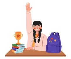Cute school girl sitting at desk and raises hand on lesson. Flat vector illustration on white background.